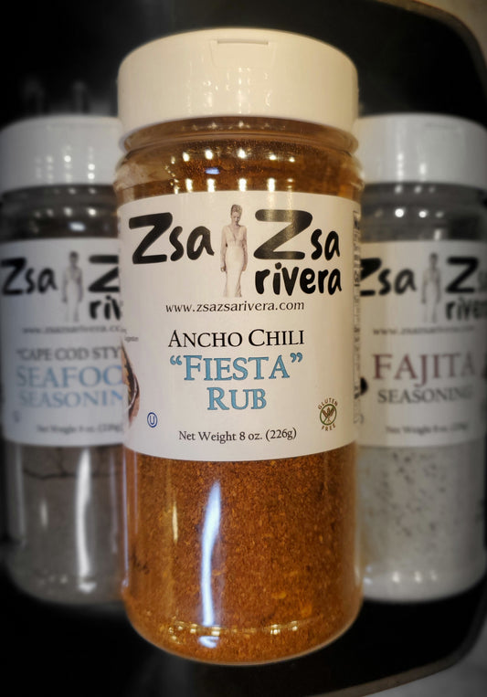 Ancho Chili " Fiesta " Rub by ZsaZsa Rivera 8oz. Kosher Made in US Perfect for your Mexican Seafood,  Chicken , or Beef Fajitas or as a Rub for your favorite meat...