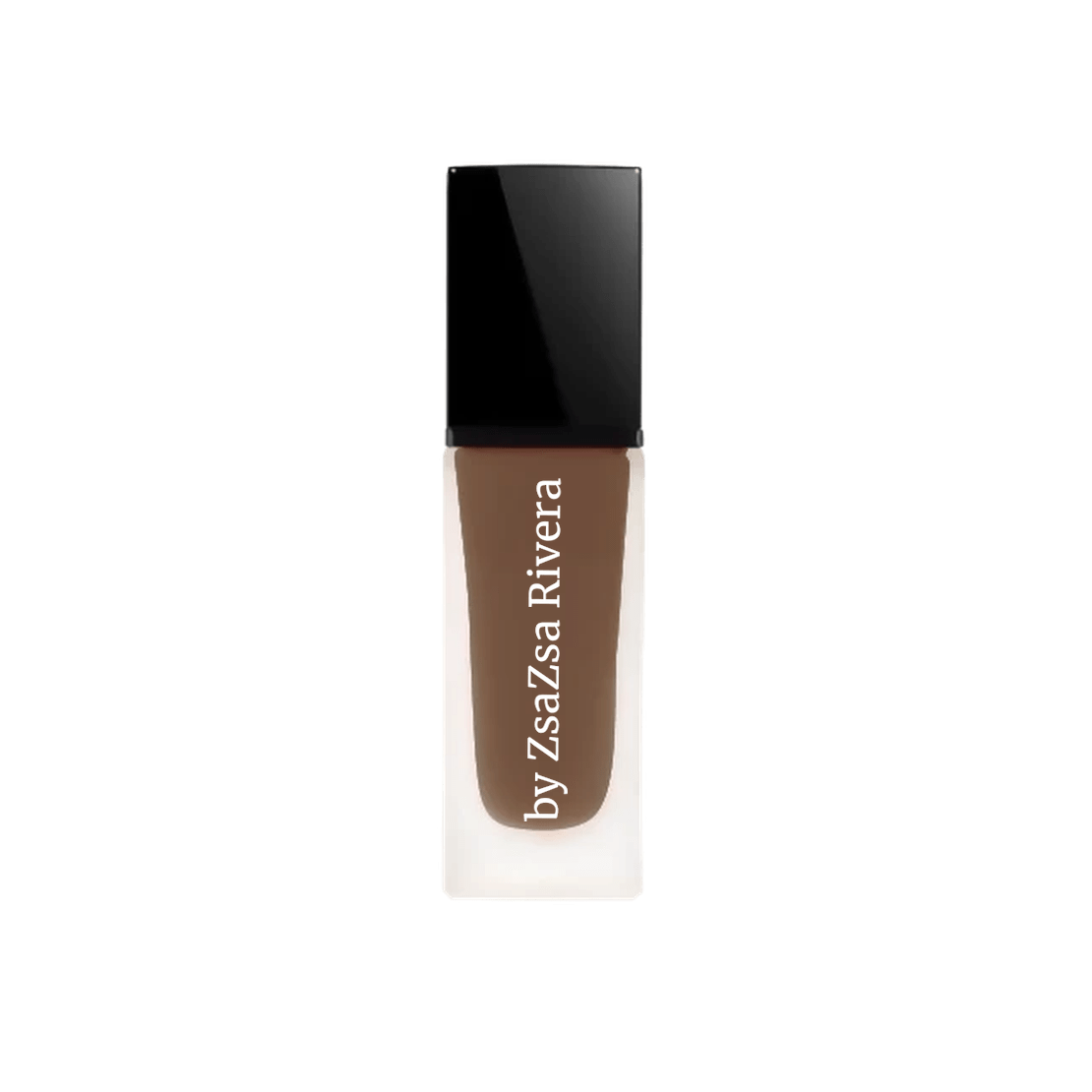 Tan foundation bottle with pump, surrounded by swatches of different shades, showcasing smooth and flawless coverage.