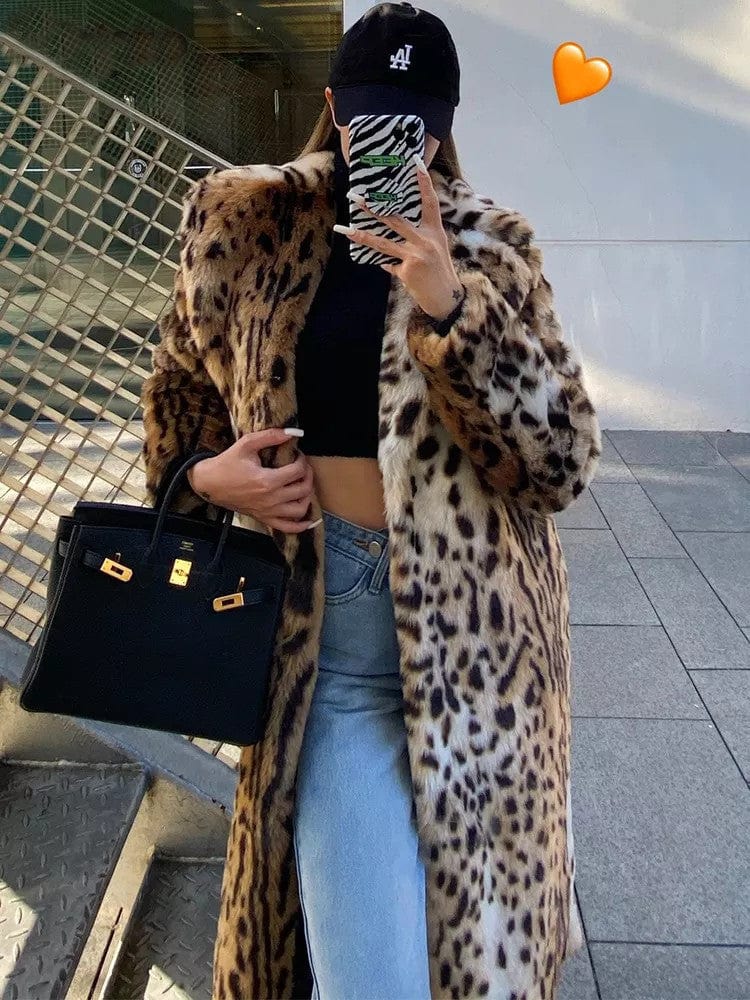 Suit Collar Furry Leopard Print Coat