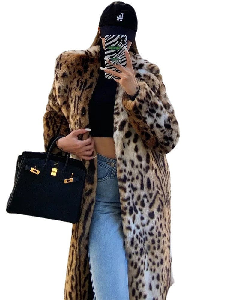 Suit Collar Furry Leopard Print Coat