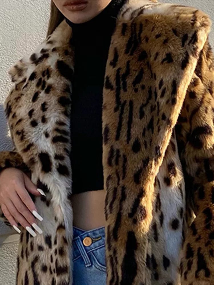 Suit Collar Furry Leopard Print Coat