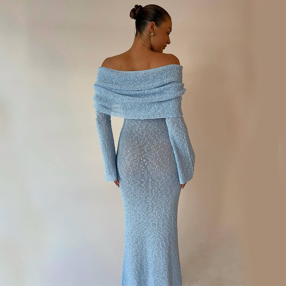 Blue Knitted Sexy Maxi Dress