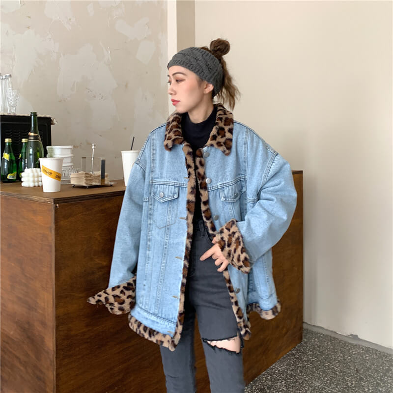 Blue Leopard Print Denim Jacket