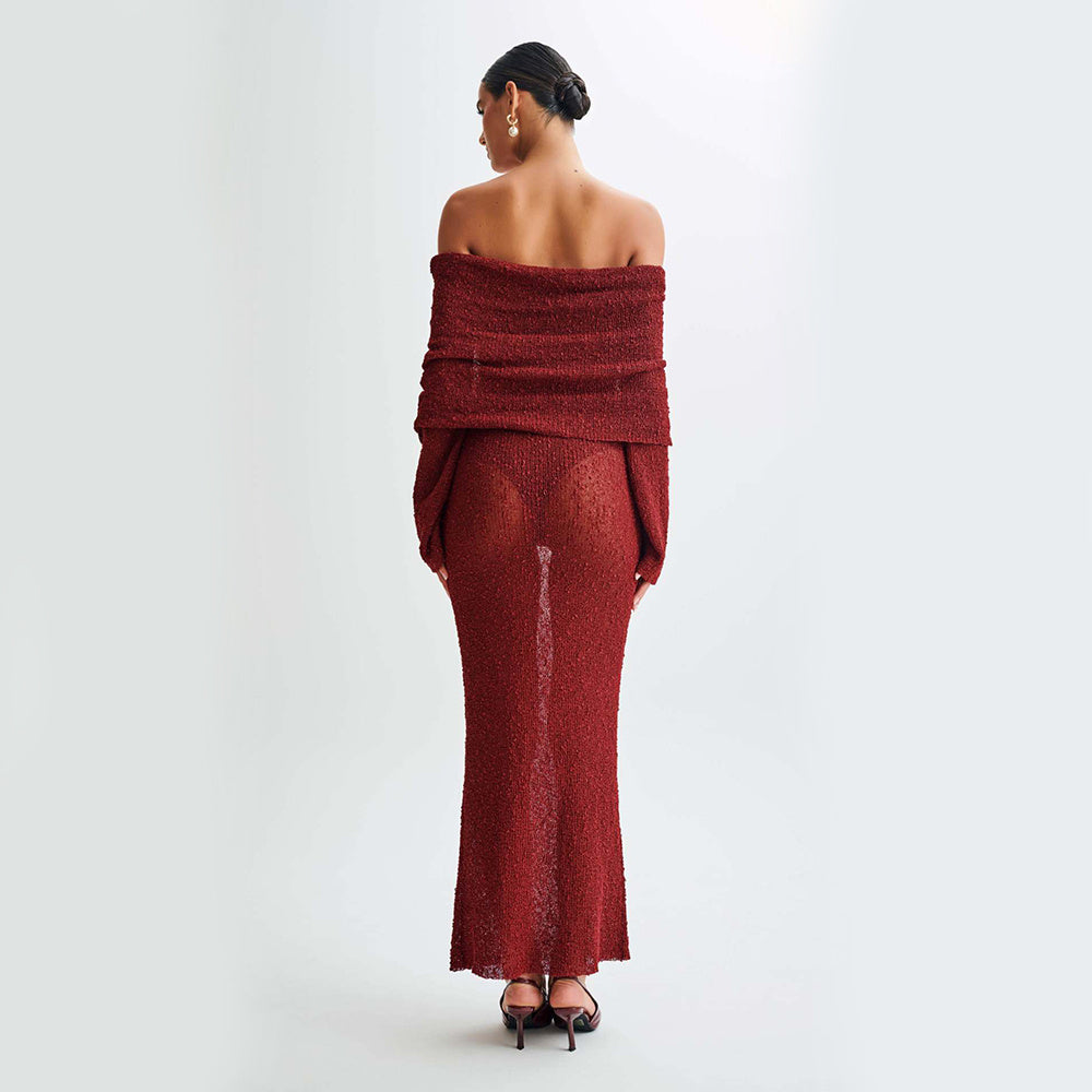 Maroon  Knitted Sexy Maxi Dress 