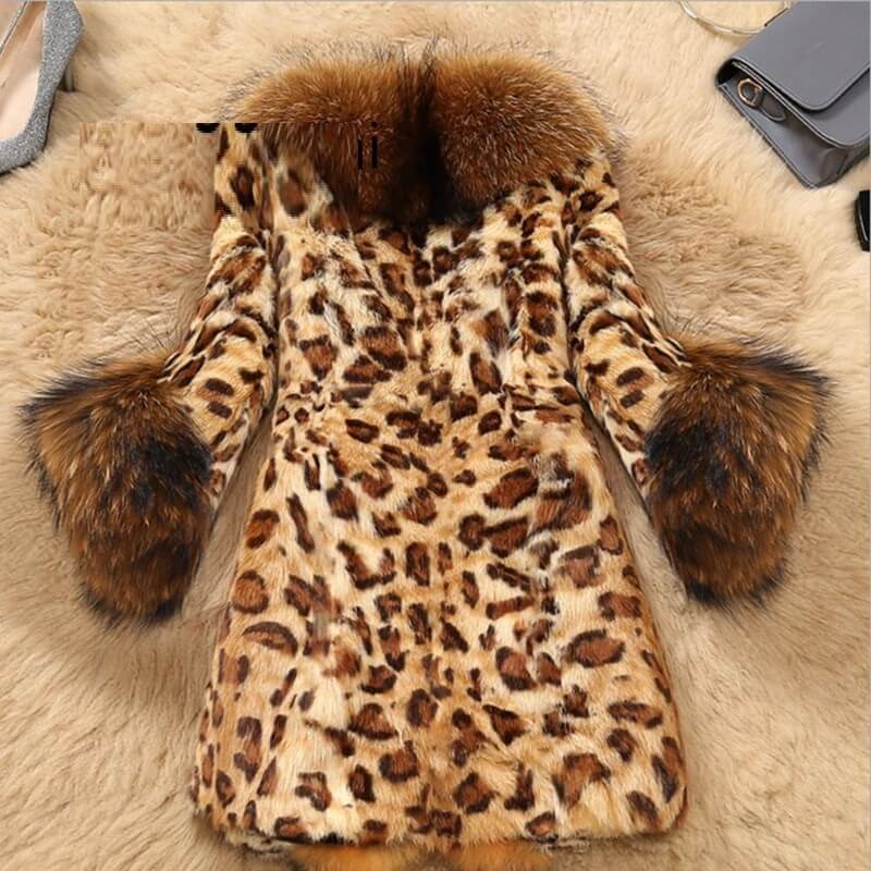 Winter Faux Fur Womens Leopard print coat Raccoon