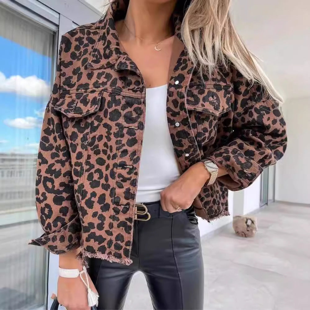 Leopard Printed Denim Jacket S - XL